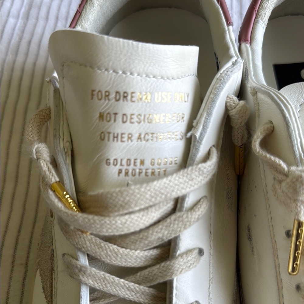 Golden Goose White Leather Sneakers with Pink Heel Tab and Pearl Accents - Picture 5 of 8